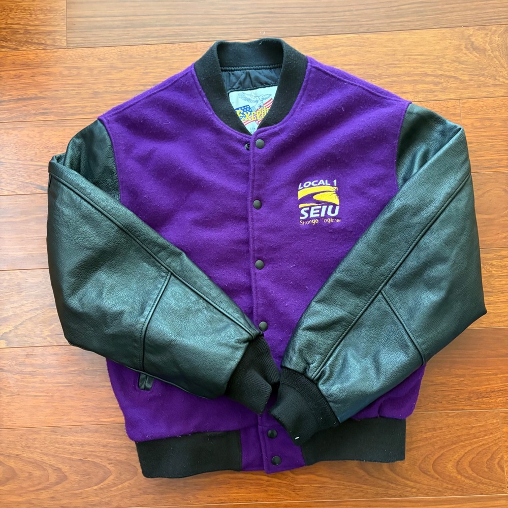 Excelled Mens Varsity Jacket Size M Purple Wool Leather SEIU Local 1 Vintage USA